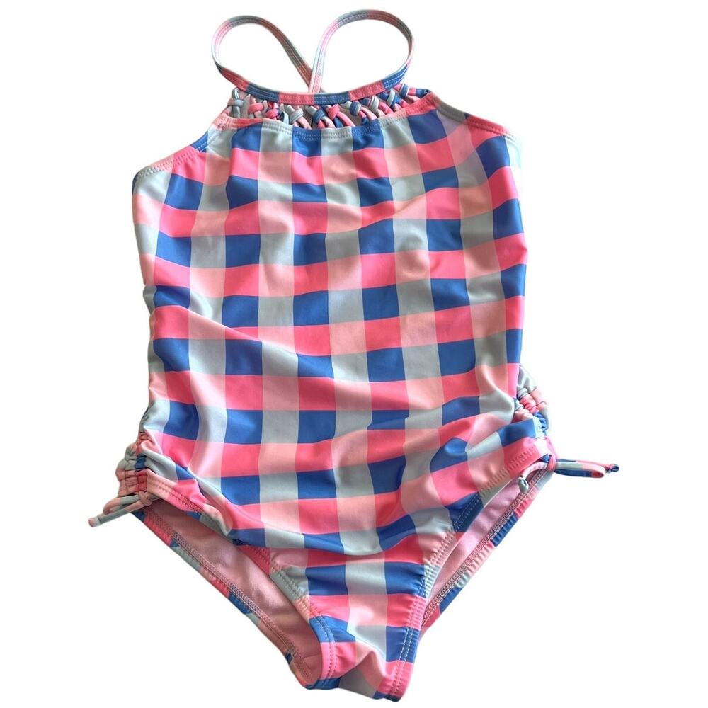 Breaking Waves Big Girls Size 10 Pink & Blue Check One-Piece Gingham Swimsuit